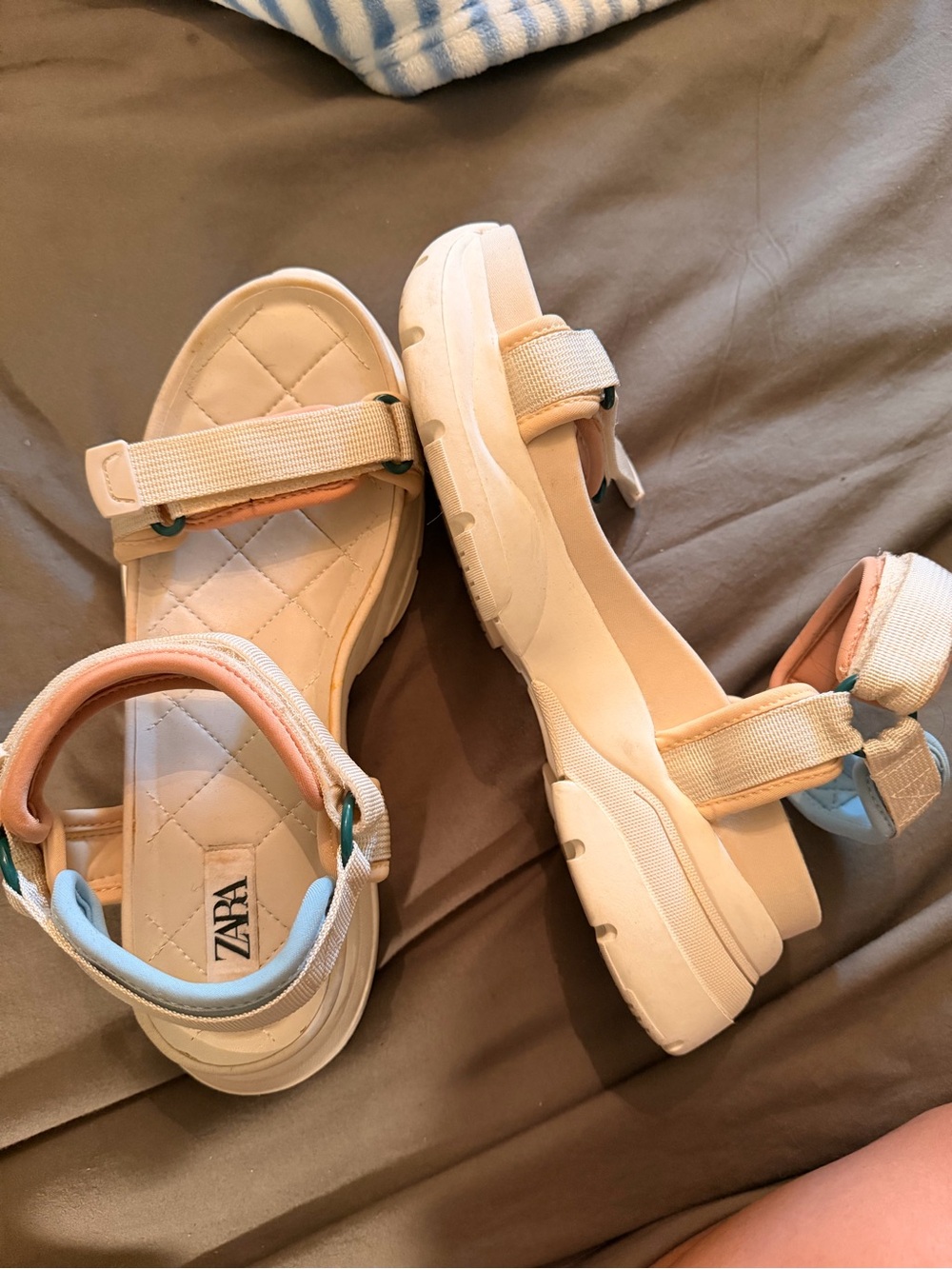 Zara Cream Platform Sport Sandals with Pink and Light Blue Accents